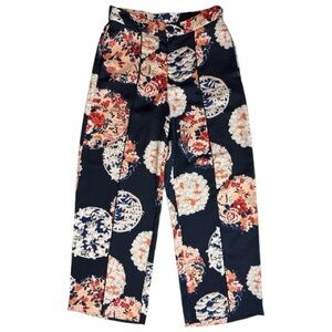 Zara Trafaluc Collection Floral Wide Leg Palazzo Pants Navy Orange Cream XS